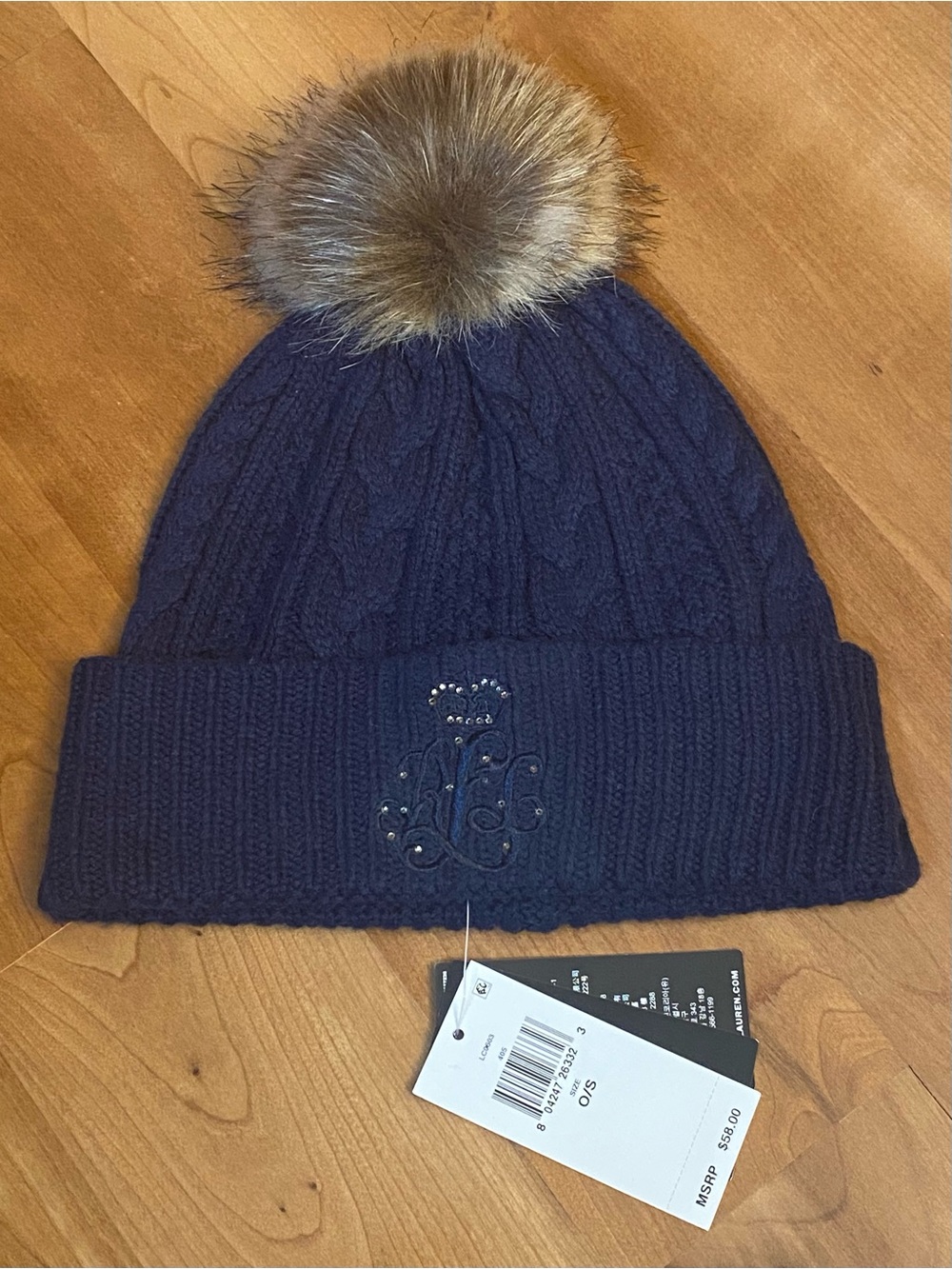 Ralph Lauren Navy Cable-Knit Beanie with Faux Fur Pom